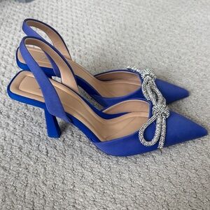 Royal Blue Slingback Pointed-Toe Heels with Crystal Bow